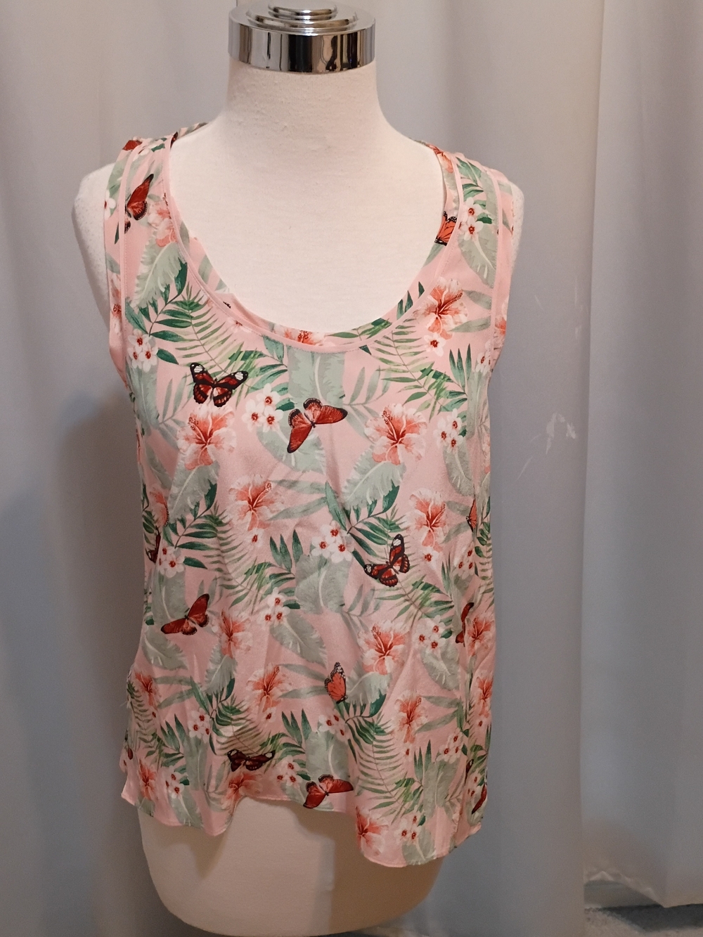 Joie Silk Pink Floral & Butterfly Scoop Neck Tank Top